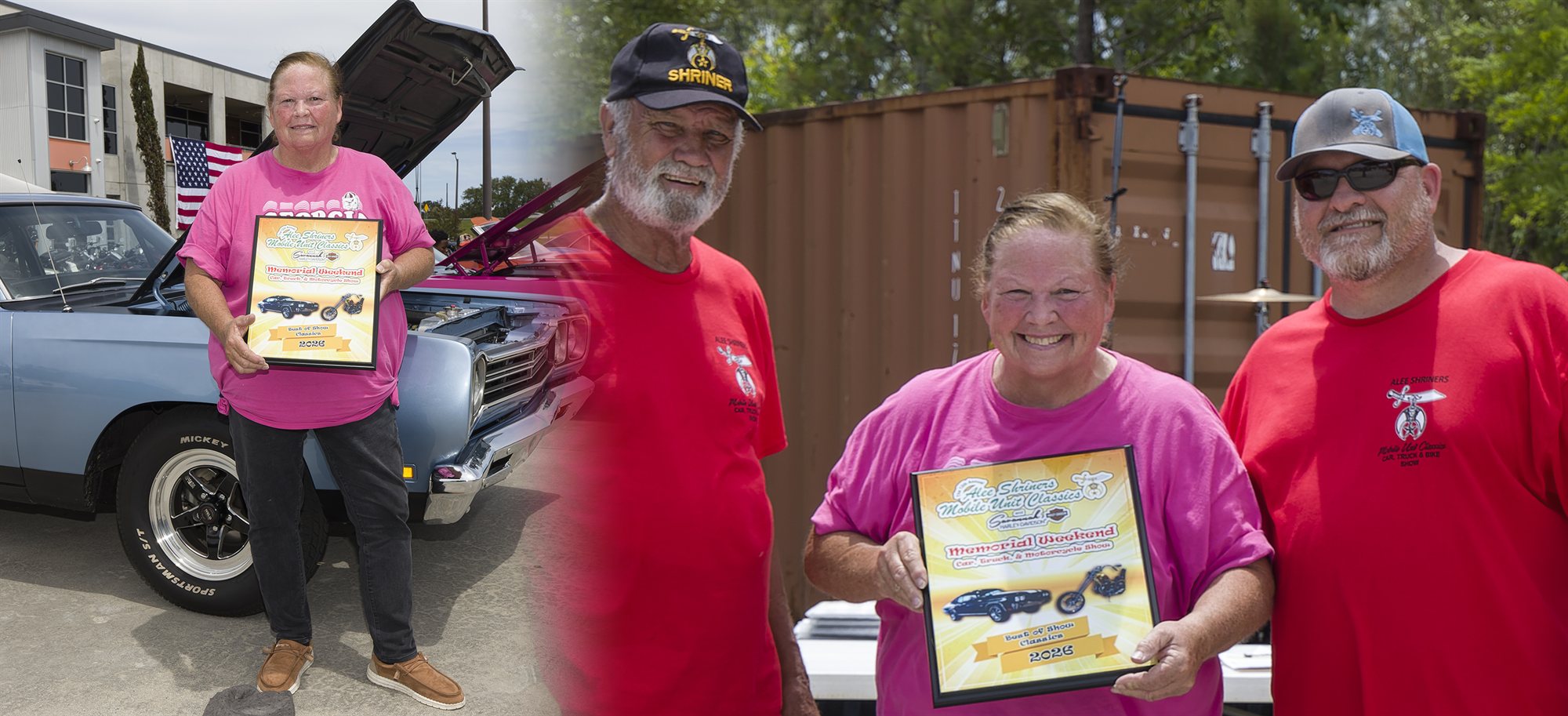 2026 Best of Show Classics winner with her plaque beside her blue Plymouth Road Runner, and with Alee Shriners Mobile Unit Classics members